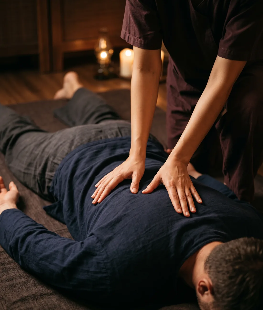 Pressions du massage thaï traditionnel le long du dos, sur futon