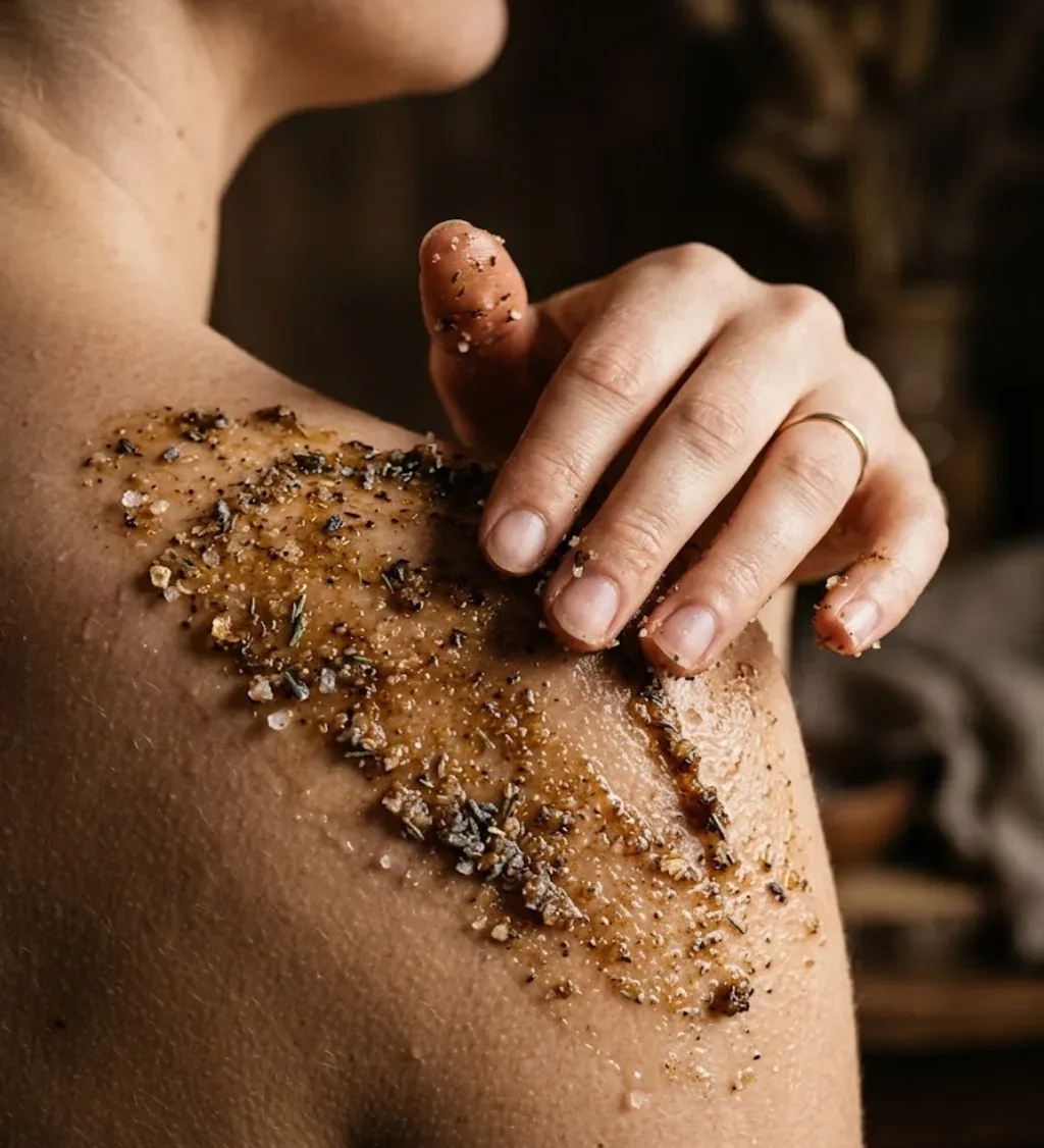 Gommage aux plantes appliqué sur la peau