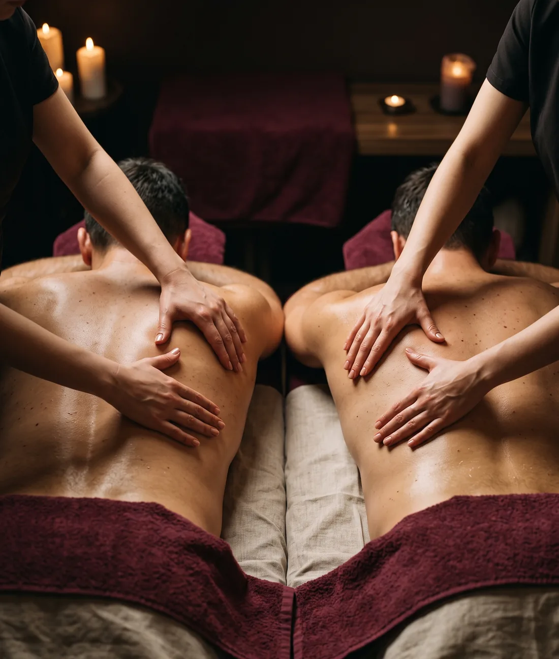 Deux massages côte à côte dans une pièce chaleureuse