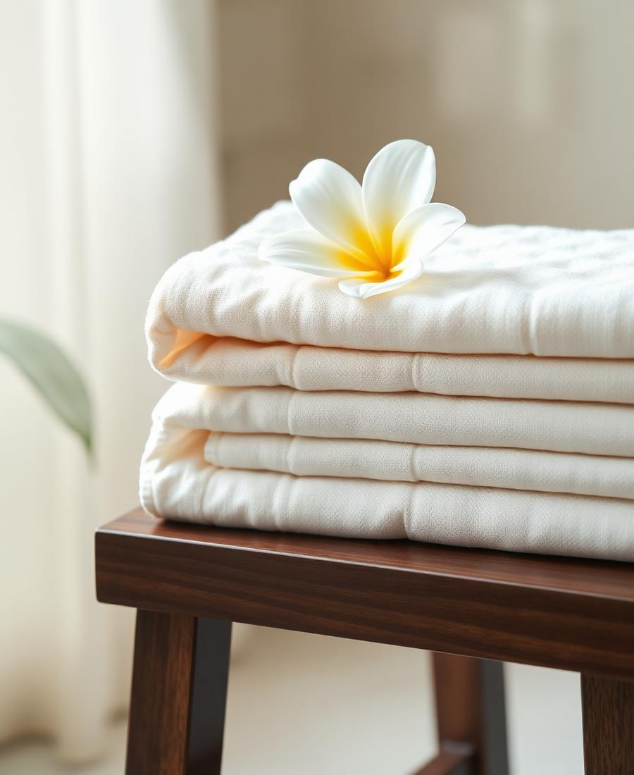 Linge écru plié sur un banc de bois sombre, fleur de frangipanier