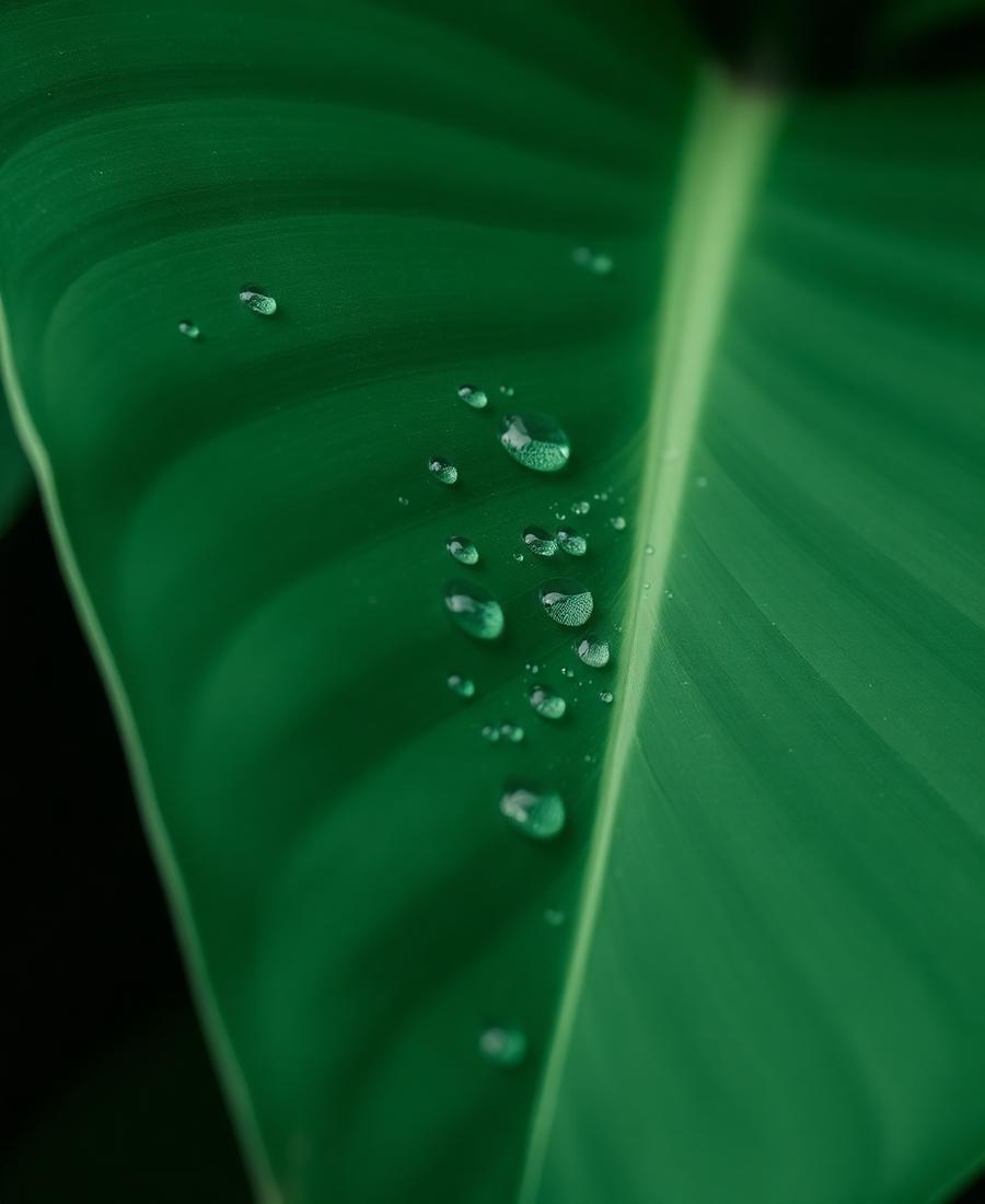 Détail d’une feuille tropicale et gouttes d’eau
