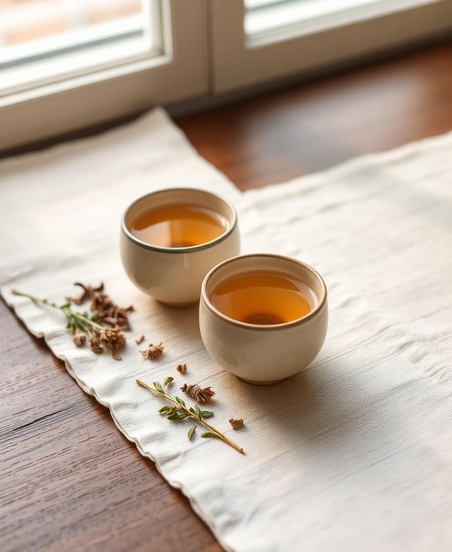 Deux tasses d’infusion sur un chemin de table en lin