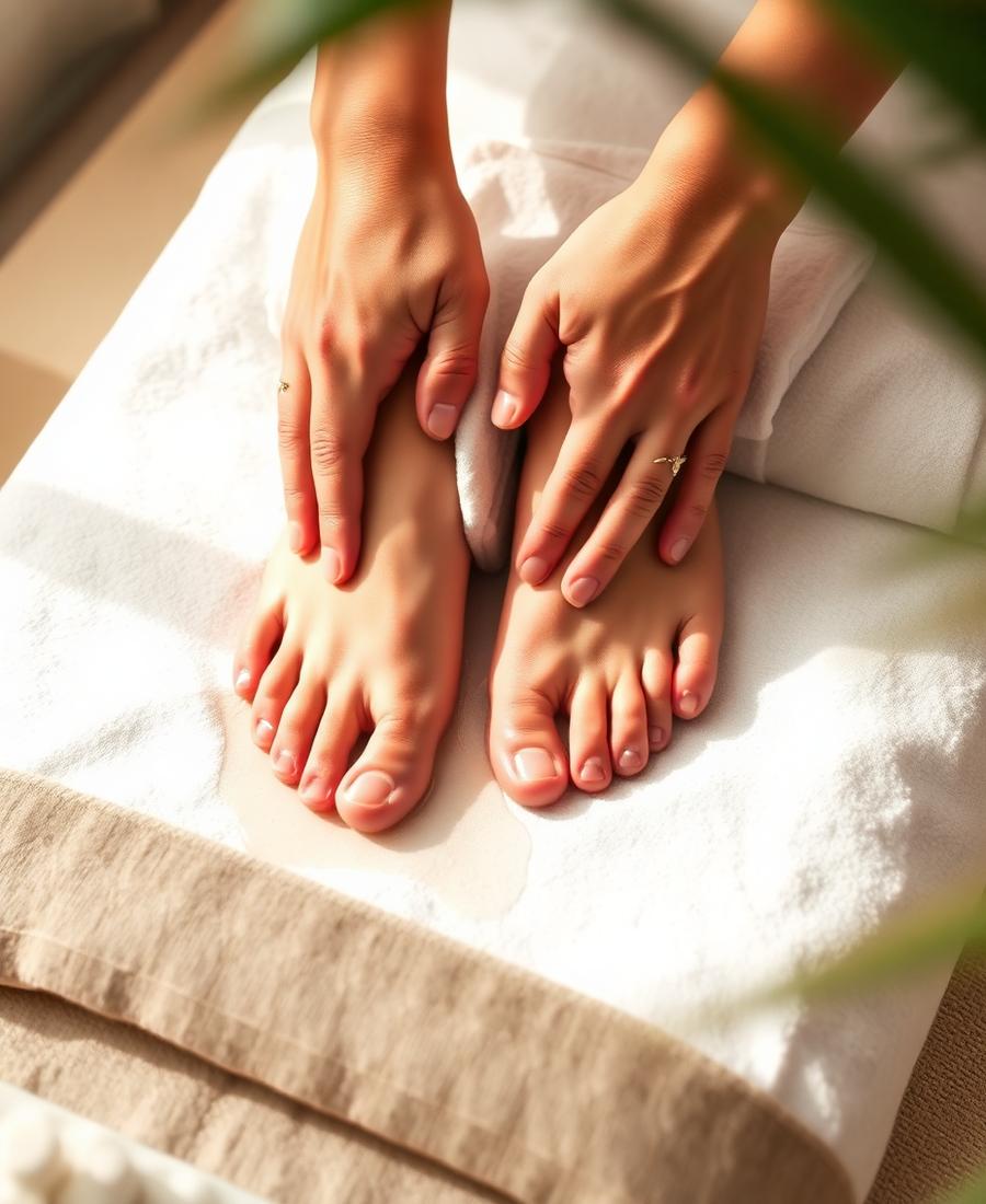 Massage des pieds aux huiles chaudes sur linge blanc